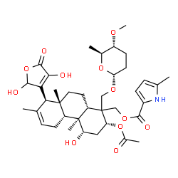 ChemSpider 2D Image | (1alpha,3alpha,5beta,9beta,10alpha,14beta)-3-Acetoxy-14-(2,4-dihydroxy-5-oxo-2,5-dihydro-3-furanyl)-1-hydroxy-15-{[(2R,5R,6S)-5-methoxy-6-methyltetrahydro-2H-pyran-2-yl]oxy}-8,13-dimethylpodocarp-12-e
n-16-yl 5-methyl-1H-pyrrole-2-carboxylate | C38H53NO12