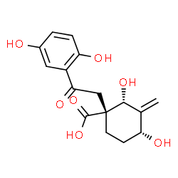 ChemSpider 2D Image | (1R,2R,4R)-1-[2-(2,5-Dihydroxyphenyl)-2-oxoethyl]-2,4-dihydroxy-3-methylenecyclohexanecarboxylic acid | C16H18O7