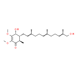 ChemSpider 2D Image | (4R,5R,6R)-4-Hydroxy-5-[(2E,6E,10E)-12-hydroxy-3,7,11-trimethyl-2,6,10-dodecatrien-1-yl]-2,3-dimethoxy-6-methyl-2-cyclohexen-1-one | C24H38O5