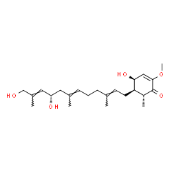 ChemSpider 2D Image | (4R,5R,6R)-5-[(2E,6E,9S,10E)-9,12-Dihydroxy-3,7,11-trimethyl-2,6,10-dodecatrien-1-yl]-4-hydroxy-2-methoxy-6-methyl-2-cyclohexen-1-one | C23H36O5