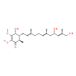 ChemSpider 2D Image | (4R,5R,6R)-5-[(2E,6E,9S,10E)-9,12-Dihydroxy-3,7,11-trimethyl-2,6,10-dodecatrien-1-yl]-4-hydroxy-2,3-dimethoxy-6-methyl-2-cyclohexen-1-one | C24H38O6