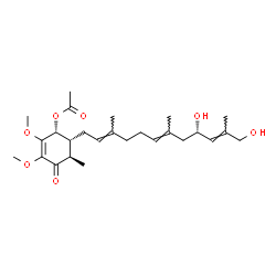 ChemSpider 2D Image | (1R,5R,6R)-6-[(2E,6E,9S,10E)-9,12-Dihydroxy-3,7,11-trimethyl-2,6,10-dodecatrien-1-yl]-2,3-dimethoxy-5-methyl-4-oxo-2-cyclohexen-1-yl acetate | C26H40O7