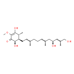 ChemSpider 2D Image | (4R,5R,6R)-5-[(2E,6E,9S,10E)-9,12-Dihydroxy-3,7,11-trimethyl-2,6,10-dodecatrien-1-yl]-3,6-dihydroxy-2-methoxy-4-methyl-2-cyclohexen-1-one | C23H36O6