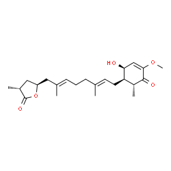 ChemSpider 2D Image | (3R,5S)-5-{(2E,6E)-8-[(1R,2R,6R)-2-Hydroxy-4-methoxy-6-methyl-5-oxo-3-cyclohexen-1-yl]-2,6-dimethyl-2,6-octadien-1-yl}-3-methyldihydro-2(3H)-furanone | C23H34O5
