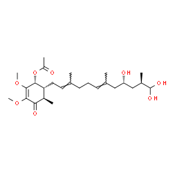 ChemSpider 2D Image | (1R,5R,6R)-2,3-Dimethoxy-5-methyl-4-oxo-6-[(2E,6E,9R,11R)-9,12,12-trihydroxy-3,7,11-trimethyl-2,6-dodecadien-1-yl]-2-cyclohexen-1-yl acetate | C26H42O8
