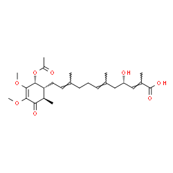 ChemSpider 2D Image | (2E,4S,6E,10E)-12-[(1R,2R,6R)-2-Acetoxy-3,4-dimethoxy-6-methyl-5-oxo-3-cyclohexen-1-yl]-4-hydroxy-2,6,10-trimethyl-2,6,10-dodecatrienoic acid | C26H38O8
