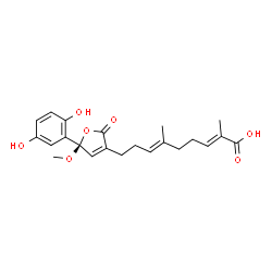 ChemSpider 2D Image | (2E,6E)-9-[(5R)-5-(2,5-Dihydroxyphenyl)-5-methoxy-2-oxo-2,5-dihydro-3-furanyl]-2,6-dimethyl-2,6-nonadienoic acid | C22H26O7