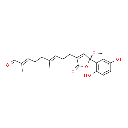 ChemSpider 2D Image | (2E,6E)-9-[(5S)-5-(2,5-Dihydroxyphenyl)-5-methoxy-2-oxo-2,5-dihydro-3-furanyl]-2,6-dimethyl-2,6-nonadienal | C22H26O6
