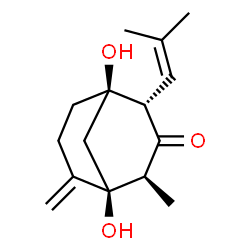 ChemSpider 2D Image | (1R,2S,4S,5S)-1,5-Dihydroxy-4-methyl-6-methylene-2-(2-methyl-1-propen-1-yl)bicyclo[3.3.1]nonan-3-one | C15H22O3