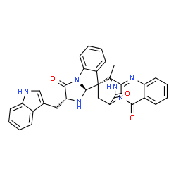 ChemSpider 2D Image | (2R,9R,9aS)-2-(1H-Indol-3-ylmethyl)-12'-methyl-1,9a-dihydro-3'H,15'H-spiro[imidazo[1,2-a]indole-9,13'-[2,10,16]triazatetracyclo[10.2.2.0~2,11~.0~4,9~]hexadeca[4,6,8,10]tetraene]-3,3',15'(2H)-trione | C32H26N6O3