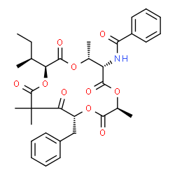 ChemSpider 2D Image | N-{(3S,6S,7R,10S,15R)-15-Benzyl-10-[(2S)-2-butanyl]-3,7,13,13-tetramethyl-2,5,9,12,14-pentaoxo-1,4,8,11-tetraoxacyclopentadecan-6-yl}benzamide | C33H39NO10