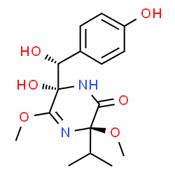 ChemSpider 2D Image | (3R,6S)-6-Hydroxy-6-[(R)-hydroxy(4-hydroxyphenyl)methyl]-3-isopropyl-3,5-dimethoxy-3,6-dihydro-2(1H)-pyrazinone | C16H22N2O6
