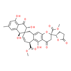 ChemSpider 2D Image | Dimethyl (1'S,2R,3'R,6S,9S)-1',3',5,5'-tetrahydroxy-7'-methyl-4,4'-dioxo-2-[(2S)-5-oxotetrahydro-2-furanyl]-3,3',4,4',6,10-hexahydro-1'H,2H-spiro[cyclohepta[g]chromene-9,2'-naphthalene]-2,6-dicarboxyl
ate | C32H30O13