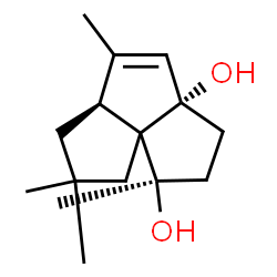 ChemSpider 2D Image | (1R,3aS,5aS)-1,5,7,7-Tetramethyl-2,3,5a,6,7,8-hexahydrocyclopenta[c]pentalene-1,3a(1H)-diol | C15H24O2
