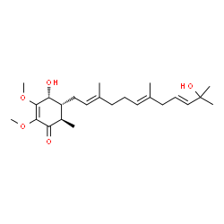 ChemSpider 2D Image | (4R,5R,6R)-4-Hydroxy-5-[(2E,6E,9E)-11-hydroxy-3,7,11-trimethyl-2,6,9-dodecatrien-1-yl]-2,3-dimethoxy-6-methyl-2-cyclohexen-1-one | C24H38O5