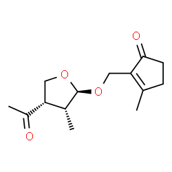 ChemSpider 2D Image | 2-({[(2S,3R,4S)-4-Acetyl-3-methyltetrahydro-2-furanyl]oxy}methyl)-3-methyl-2-cyclopenten-1-one | C14H20O4