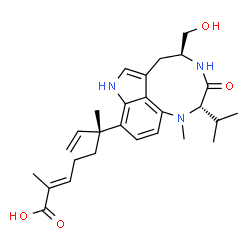 ChemSpider 2D Image | (2E,6R)-6-[(2S,5S)-5-(Hydroxymethyl)-2-isopropyl-1-methyl-3-oxo-2,3,4,5,6,8-hexahydro-1H-[1,4]diazonino[7,6,5-cd]indol-9-yl]-2,6-dimethyl-2,7-octadienoic acid | C27H37N3O4