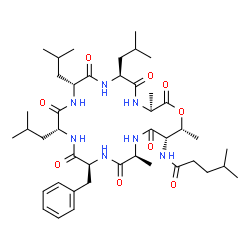 ChemSpider 2D Image | N-[(3S,6S,9R,12R,15S,18S,21S,22R)-15-Benzyl-6,9,12-triisobutyl-3,18,22-trimethyl-2,5,8,11,14,17,20-heptaoxo-1-oxa-4,7,10,13,16,19-hexaazacyclodocosan-21-yl]-4-methylpentanamide | C43H69N7O9