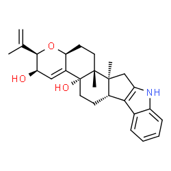 ChemSpider 2D Image | (2R,3R,4aS,6aR,6bS,12cR,14aS)-3-Isopropenyl-6a,6b-dimethyl-2,3,4a,5,6,6a,6b,7,8,12c,13,14-dodecahydro-14aH-chromeno[6',5':4,5]indeno[2,1-b]indole-2,14a-diol | C27H33NO3