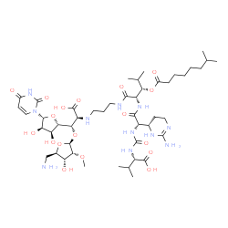 ChemSpider 2D Image | (2S,6S,9S,16S)-16-{(S)-{[(2S,3R,4R,5R)-5-(Aminomethyl)-4-hydroxy-3-methoxytetrahydro-2-furanyl]oxy}[(2S,3S,4R,5R)-5-(2,4-dioxo-3,4-dihydro-1(2H)-pyrimidinyl)-3,4-dihydroxytetrahydro-2-furanyl]methyl}-
6-[(4S)-2-amino-3,4,5,6-tetrahydro-4-pyrimidinyl]-2-isopropyl-9-{(1S)-2-methyl-1-[(7-methyloctanoyl)oxy]propyl}-4,7,10-trioxo-3,5,8,11,15-pentaazaheptadecane-1,17-dioic acid (non-preferred name) | C47H79N11O18