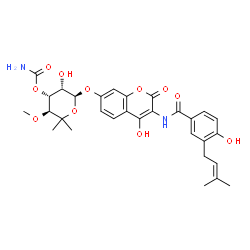 ChemSpider 2D Image | (3S,4R,5S,6S)-5-Hydroxy-6-[(4-hydroxy-3-{[4-hydroxy-3-(3-methyl-2-buten-1-yl)benzoyl]amino}-2-oxo-2H-chromen-7-yl)oxy]-3-methoxy-2,2-dimethyltetrahydro-2H-pyran-4-yl carbamate (non-preferred name) | C30H34N2O11