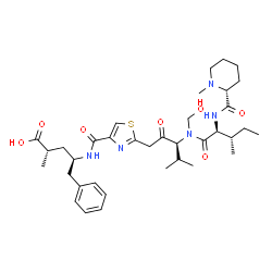 ChemSpider 2D Image | (2S,4R)-4-{[(2-{(3S)-3-[(Hydroxymethyl)(N-{[(2R)-1-methyl-2-piperidinyl]carbonyl}-L-isoleucyl)amino]-4-methyl-2-oxopentyl}-1,3-thiazol-4-yl)carbonyl]amino}-2-methyl-5-phenylpentanoic acid | C36H53N5O7S