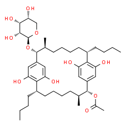 ChemSpider 2D Image | (2R,3S,8S,13R,14S,19S)-8,19-Dibutyl-10,21,24,26-tetrahydroxy-3,14-dimethyl-13-(beta-D-ribopyranosyloxy)tricyclo[18.2.2.2~9,12~]hexacosa-1(22),9,11,20,23,25-hexaen-2-yl acetate | C43H66O11