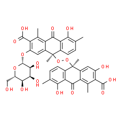 ChemSpider 2D Image | (10S)-3-(beta-L-Allopyranosyloxy)-10-{[(9S)-3-carboxy-2,5-dihydroxy-4,6,9-trimethyl-10-oxo-9,10-dihydro-9-anthracenyl]peroxy}-8-hydroxy-1,7,10-trimethyl-9-oxo-9,10-dihydro-2-anthracenecarboxylic acid | C42H40O17