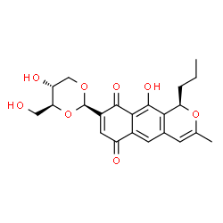 ChemSpider 2D Image | (1R)-10-Hydroxy-8-[(2R,4S,5R)-5-hydroxy-4-(hydroxymethyl)-1,3-dioxan-2-yl]-3-methyl-1-propyl-1H-benzo[g]isochromene-6,9-dione | C22H24O8