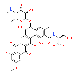 ChemSpider 2D Image | (2S)-2-({[(5S,6S)-5-{[(2S,3R,4S,5R,6R)-3,4-Dihydroxy-6-methyl-5-(methylamino)tetrahydro-2H-pyran-2-yl]oxy}-1,6,9,14-tetrahydroxy-11-methoxy-3-methyl-8,13-dioxo-5,6,8,13-tetrahydrobenzo[a]tetracen-2-yl
]carbonyl}amino)-3-hydroxypropanoic acid (non-preferred name) | C35H36N2O15