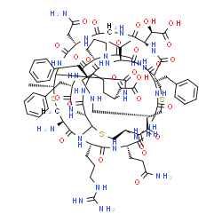 ChemSpider 2D Image | (2R)-[(1S,4S,13S,16S,19R,22S,25S,28R,31S,37S,41R,44R,47S,50S,53R,56R,65S)-44-Amino-37-(2-amino-2-oxoethyl)-50-(3-amino-3-oxopropyl)-4,16,22-tribenzyl-47-(3-carbamimidamidopropyl)-65-(carboxycarbonyl)-
25-isopropyl-41,70-dimethyl-2,5,8,14,17,20,23,26,29,32,35,38,45,48,51,54,57,67-octadecaoxo-42,69,72-trithia-3,6,9,15,18,21,24,27,30,33,36,39,46,49,52,55,58,60,66-nonadecaazapentacyclo[38.18.9.3~19,56~
.3~28,53~.0~9,13~]triheptacont-31-yl](hydroxy)acetic acid | C90H125N25O26S3