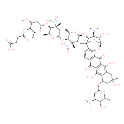 ChemSpider 2D Image | (1S,10S,12R,21S,22S,23S,24R)-24-{[4-O-(3-Carboxypropanoyl)-2,6-dideoxy-3-O-methyl-beta-D-lyxo-hexopyranosyl-(1->4)-2,3,6-trideoxy-3-methyl-3-nitro-alpha-L-xylo-hexopyranosyl-(1->4)-2,3,6-trideoxy-3-me
thyl-3-nitro-beta-D-xylo-hexopyranosyl]oxy}-23-(dimethylamino)-8,12,15,22-tetrahydroxy-1,12-dimethyl-6,17-dioxo-20,25-dioxahexacyclo[19.3.1.0~2,19~.0~5,18~.0~7,16~.0~9,14~]pentacosa-2,4,7(16),8,14,18-
hexaen-10-yl 2,3,6-trideoxy-3-(dimethylamino)-beta-D-lyxo-hexopyranoside | C60H82N4O26