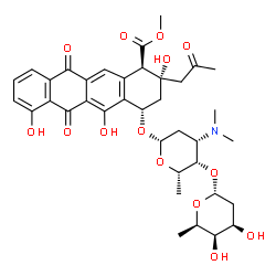 ChemSpider 2D Image | Methyl (1R,2S,4S)-2,5,7-trihydroxy-6,11-dioxo-2-(2-oxopropyl)-4-{[2,3,6-trideoxy-4-O-(2,6-dideoxy-alpha-D-lyxo-hexopyranosyl)-3-(dimethylamino)-beta-L-lyxo-hexopyranosyl]oxy}-1,2,3,4,6,11-hexahydro-1-
tetracenecarboxylate | C37H45NO14
