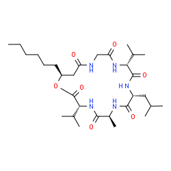 ChemSpider 2D Image | (3R,6S,9R,12R,19S)-19-Hexyl-9-isobutyl-3,12-diisopropyl-6-methyl-1-oxa-4,7,10,13,16-pentaazacyclononadecane-2,5,8,11,14,17-hexone | C30H53N5O7