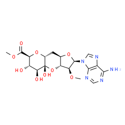 ChemSpider 2D Image | Methyl (2R,3S,3aR,4aR,5S,6S,7S,8aR,9aR)-2-(6-amino-9H-purin-9-yl)-4a,5,6-trihydroxy-3-methoxydecahydrofuro[3,2-b]pyrano[2,3-e]pyran-7-carboxylate | C18H23N5O9
