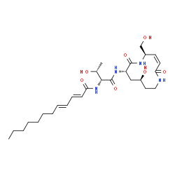 ChemSpider 2D Image | (2E,4E)-N-[(2R,3R)-3-Hydroxy-1-{[(3Z,5R,8S,10S)-10-hydroxy-5-(hydroxymethyl)-2,7-dioxo-1,6-diazacyclododec-3-en-8-yl]amino}-1-oxo-2-butanyl]-2,4-dodecadienamide | C27H44N4O7