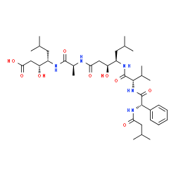 ChemSpider 2D Image | (3R,4S)-3-Hydroxy-4-[(N-{(3S,4R)-3-hydroxy-6-methyl-4-[(N-{(2S)-2-[(3-methylbutanoyl)amino]-2-phenylacetyl}-L-valyl)amino]heptanoyl}-L-alanyl)amino]-6-methylheptanoic acid | C37H61N5O9