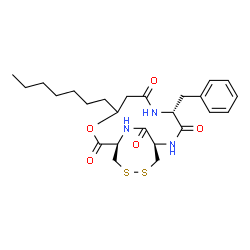ChemSpider 2D Image | (1R,4R,11R)-4-Benzyl-8-heptyl-9-oxa-13,14-dithia-2,5,17-triazabicyclo[9.4.2]heptadecane-3,6,10,16-tetrone | C25H35N3O5S2