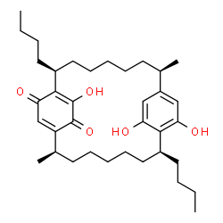 ChemSpider 2D Image | (2S,8R,13S,19R)-2,13-Dibutyl-11,22,23-trihydroxy-8,19-dimethyltricyclo[18.2.2.2~9,12~]hexacosa-1(22),9(26),11,20,23-pentaene-10,25-dione | C36H54O5