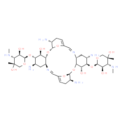 ChemSpider 2D Image | (1R,4S,5R,6S,8R,9Z,14R,15S,17R,18R,19S,20R,22S,23E,28S)-6,14,20,28-Tetraamino-19-{[3-deoxy-4-C-methyl-3-(methylamino)-beta-L-arabinopyranosyl]oxy}-4,18-dihydroxy-2,16,29,30-tetraoxa-9,23-diazapentacyc
lo[23.3.1.1~11,15~.0~3,8~.0~17,22~]triaconta-9,11,23,25-tetraen-5-yl 3-deoxy-4-C-methyl-3-(methylamino)-beta-L-arabinopyranoside | C38H64N8O14