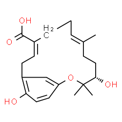 ChemSpider 2D Image | (4S,7E,11Z)-4,15-Dihydroxy-3,3,7-trimethyl-2-oxabicyclo[12.3.1]octadeca-1(18),7,11,14,16-pentaene-11-carboxylic acid | C21H28O5