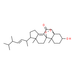 ChemSpider 2D Image | 8-[(3E)-5,6-Dimethyl-3-hepten-2-yl]-16-hydroxy-9,13-dimethyl-18,19-dioxapentacyclo[10.5.2.0~1,13~.0~4,12~.0~5,9~]nonadec-4-en-3-one | C28H42O4