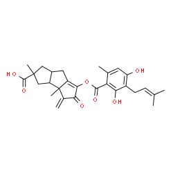 ChemSpider 2D Image | 6-{[2,4-Dihydroxy-6-methyl-3-(3-methyl-2-buten-1-yl)benzoyl]oxy}-2,3b-dimethyl-4-methylene-5-oxo-2,3,3a,3b,4,5,7,7a-octahydro-1H-cyclopenta[a]pentalene-2-carboxylic acid | C28H32O7