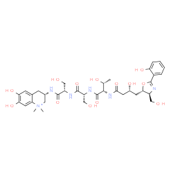 ChemSpider 2D Image | N-{(3R)-3-Hydroxy-4-[(4S,5S)-4-(hydroxymethyl)-2-(2-hydroxyphenyl)-4,5-dihydro-1,3-oxazol-5-yl]butanoyl}-L-threonyl-D-seryl-N-[(3S)-6,7-dihydroxy-1,1-dimethyl-1,2,3,4-tetrahydro-3-quinoliniumyl]-L-ser
inamide | C35H49N6O13