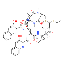 ChemSpider 2D Image | N,N'-[27'-(Ethylsulfanyl)-2,2'',3',11',13',16',24',26'-octamethyl-28'-oxido-2',5',9',12',15',18',22',25'-octaoxo-6',19'-dioxa-28'-thia-3',10',13',16',23',26'-hexaazadispiro[cyclopropane-1,4'-bicyclo[1
2.12.3]nonacosane-17',1''-cyclopropane]-8',21'-diyl]bis(3-hydroxy-2-quinolinecarboxamide) | C54H64N10O15S2