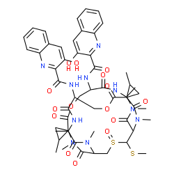 ChemSpider 2D Image | N,N'-[2,2'',3',11',13',16',24',26'-Octamethyl-27'-(methylsulfanyl)-28'-oxido-2',5',9',12',15',18',22',25'-octaoxo-6',19'-dioxa-28'-thia-3',10',13',16',23',26'-hexaazadispiro[cyclopropane-1,4'-bicyclo[
12.12.3]nonacosane-17',1''-cyclopropane]-8',21'-diyl]bis(3-hydroxy-2-quinolinecarboxamide) | C53H62N10O15S2