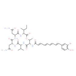 ChemSpider 2D Image | (2E,4E,6E,8E)-N-[6,9-Bis(2-amino-2-oxoethyl)-3-sec-butyl-12-isopropyl-16-methyl-2,5,8,11,14-pentaoxo-1-oxa-4,7,10,13-tetraazacyclohexadecan-15-yl]-9-(3-bromo-4-hydroxyphenyl)-2,4,6,8-nonatetraenamide | C38H50BrN7O10