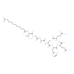 ChemSpider 2D Image | N-(11-Methyldodecanoyl)threonylglycyl-N-[3,6-bis(3-amino-3-oxopropyl)-9-(1H-imidazol-2-ylmethyl)-2,5,8,11-tetraoxo-1-oxa-4,7,10-triazacyclotridecan-12-yl]alaninamide | C41H67N11O12