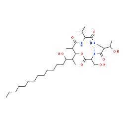 ChemSpider 2D Image | 6-(1-Hydroxyethyl)-13-(3-hydroxy-2-hexadecanyl)-3-(hydroxymethyl)-9-isopropyl-12-methyl-1-oxa-4,7,10-triazacyclotridecane-2,5,8,11-tetrone | C32H59N3O8