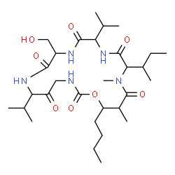 ChemSpider 2D Image | 19-Butyl-15-sec-butyl-9-(hydroxymethyl)-6,12-diisopropyl-16,18-dimethyl-1-oxa-3,7,10,13,16-pentaazacyclononadecane-2,5,8,11,14,17-hexone | C30H53N5O8